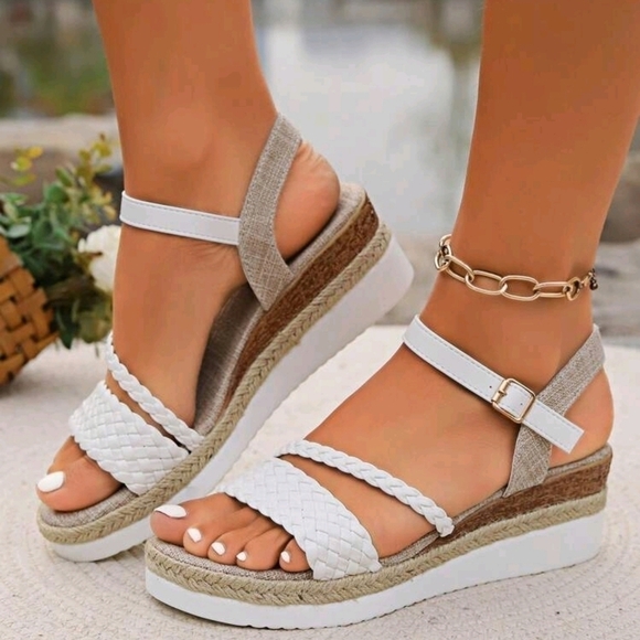 White Woven Strap Wedge Thick Platform Sandals With Jute Bottom And Cross Strap, - Picture 4 of 6